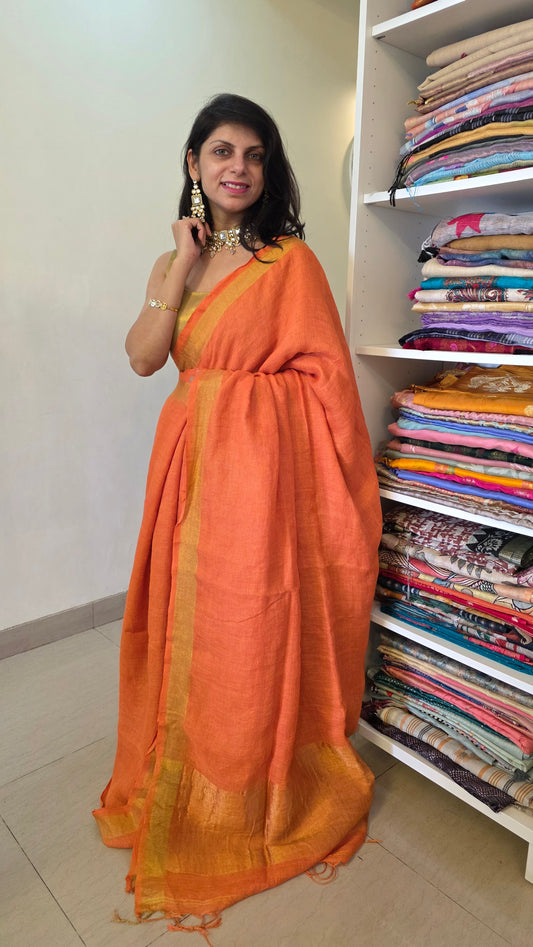 Orange Pure Linen Tissue Saree