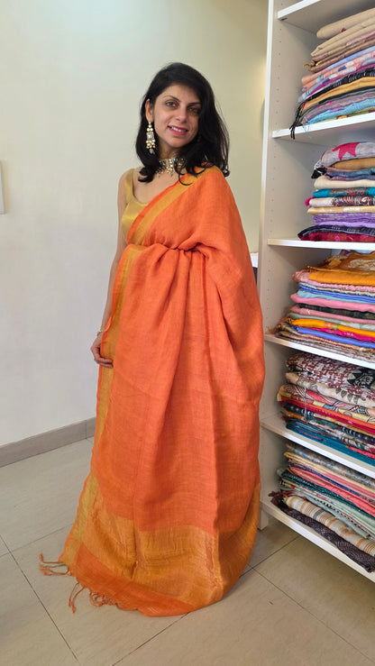Orange Pure Linen Tissue Saree
