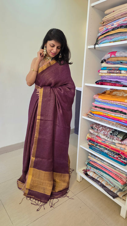 Wine Pure Linen Tissue Saree
