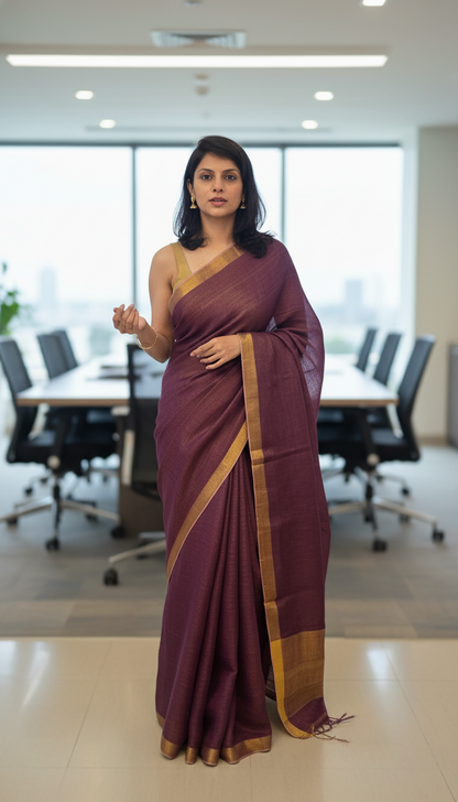 Wine Pure Linen Tissue Saree