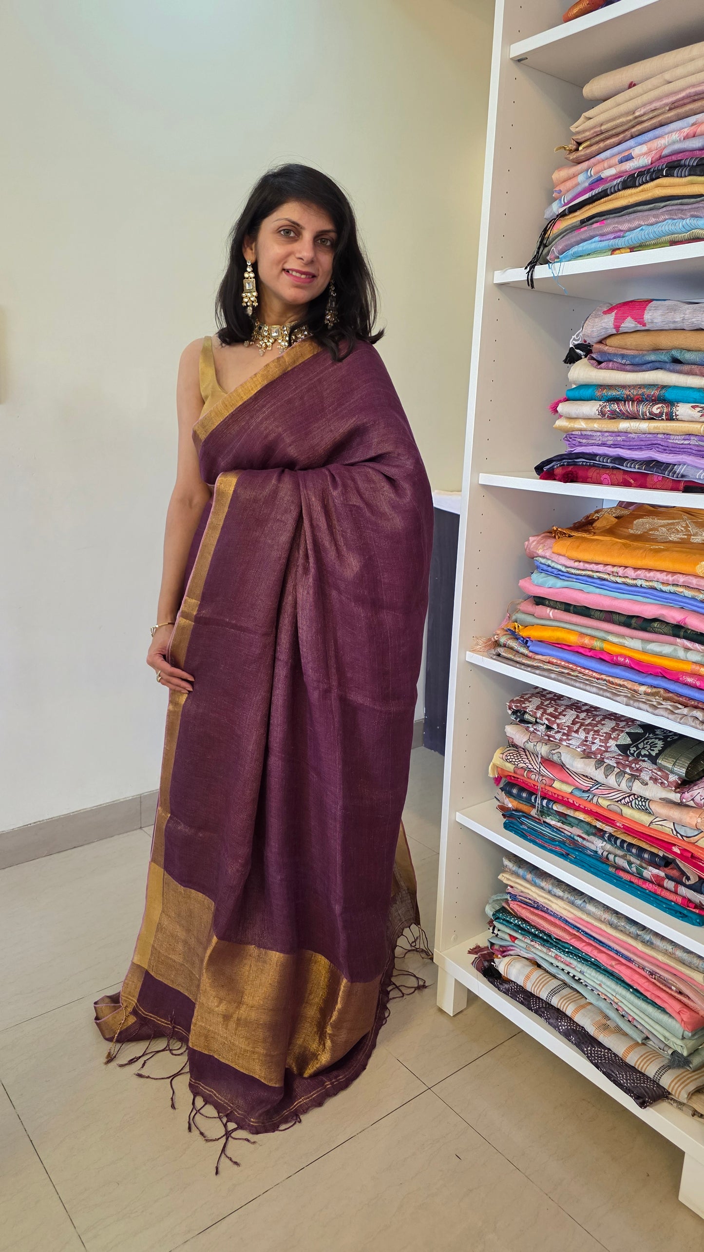 Wine Pure Linen Tissue Saree