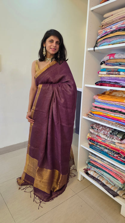 Wine Pure Linen Tissue Saree