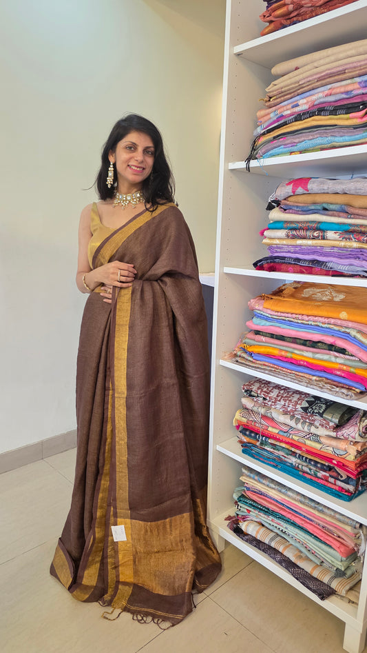 Brown Pure Linen Tissue Saree