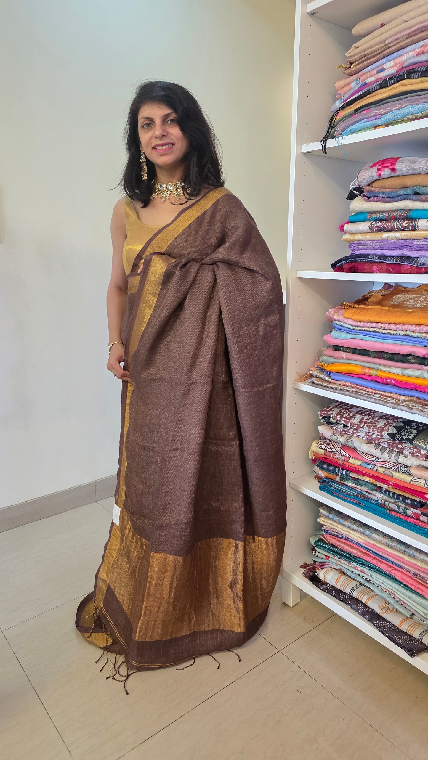 Brown Pure Linen Tissue Saree