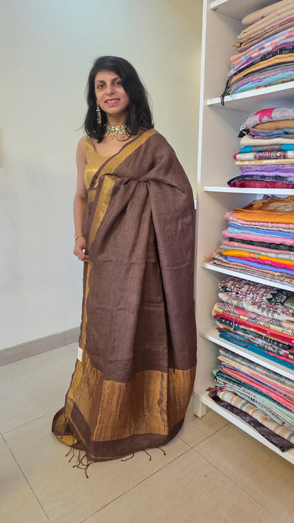 Brown Pure Linen Tissue Saree