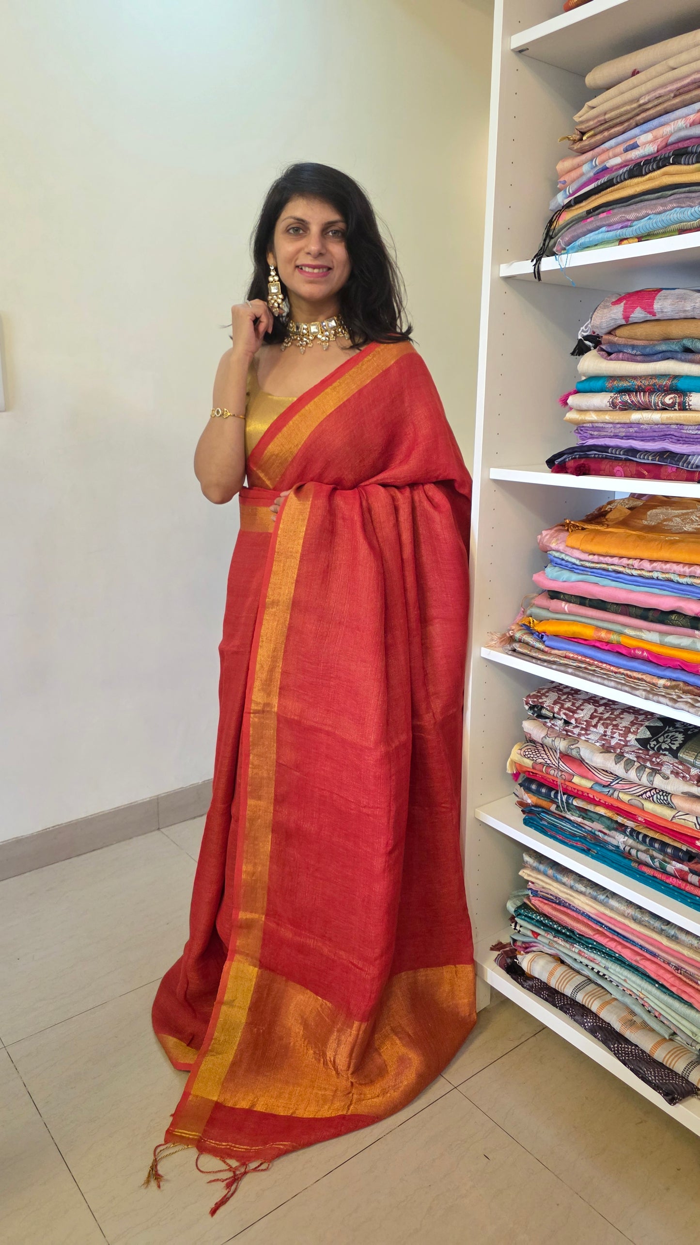 Rust Pure Linen Tissue saree
