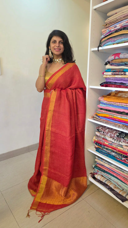 Rust Pure Linen Tissue saree