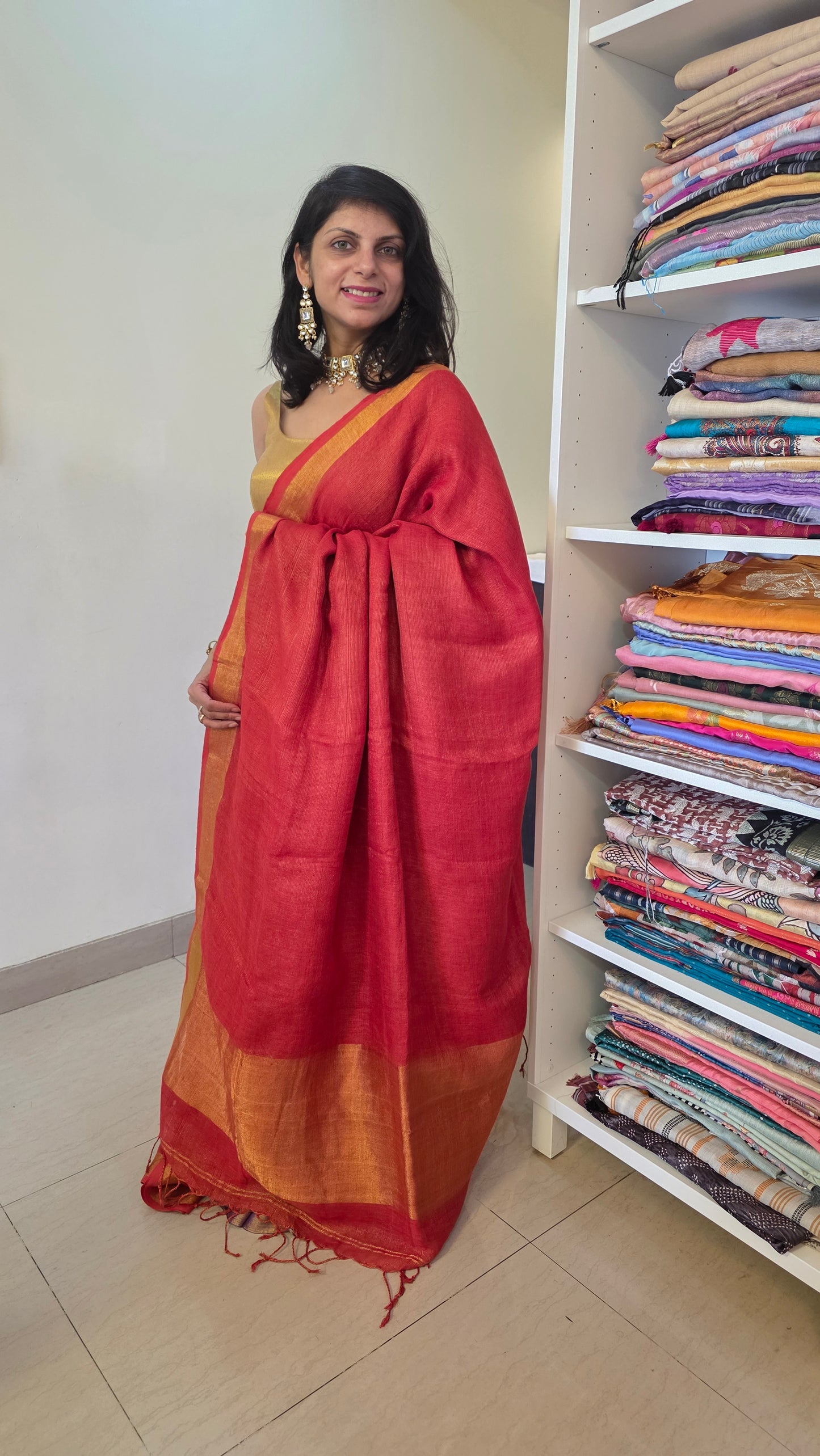 Rust Pure Linen Tissue saree