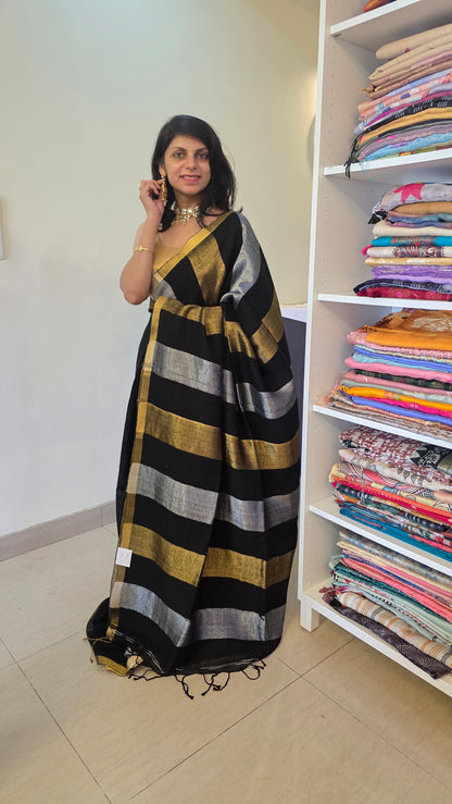 Black | Gold | Silver Zari Linen Saree