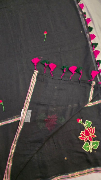 Black mulmul cotton | Lotus embroidery