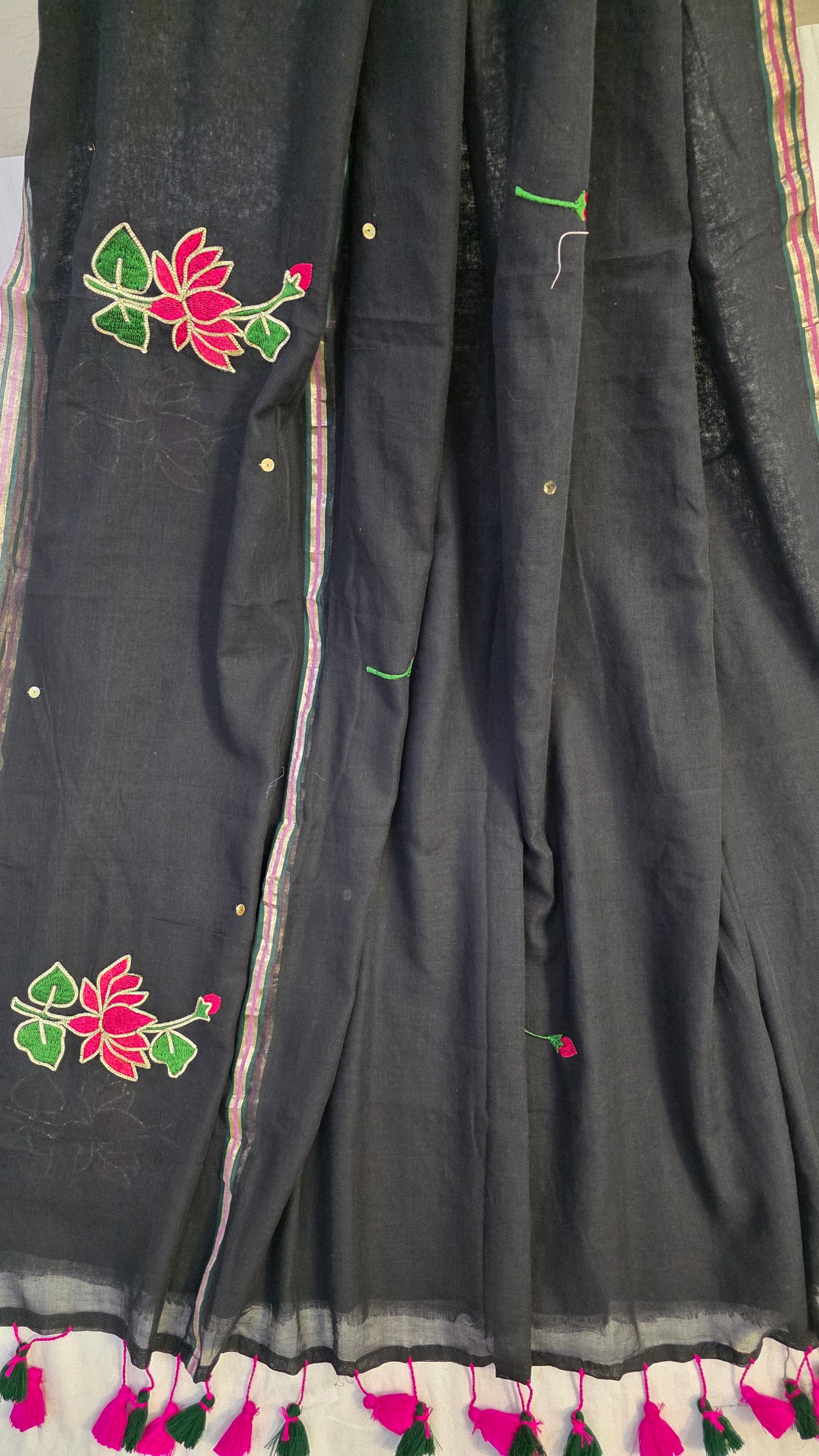 Black mulmul cotton | Lotus embroidery