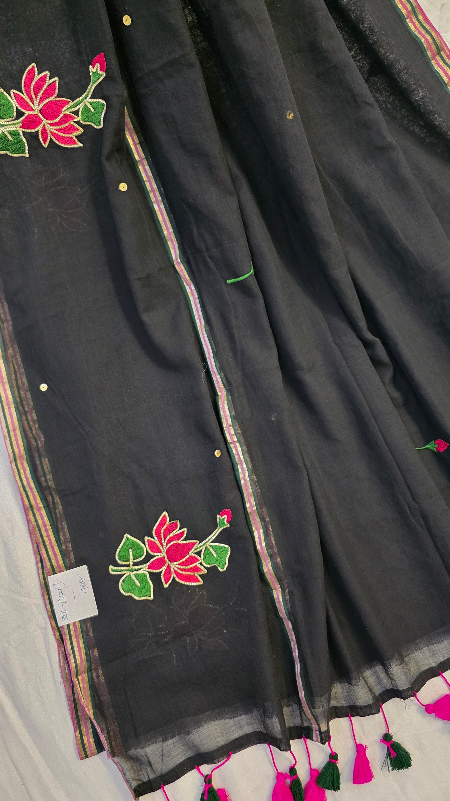 Black mulmul cotton | Lotus embroidery