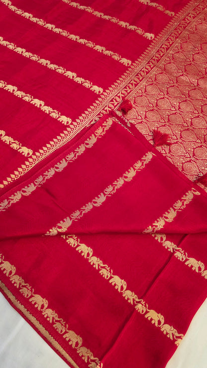Red Banarasi Elephant motif Silk