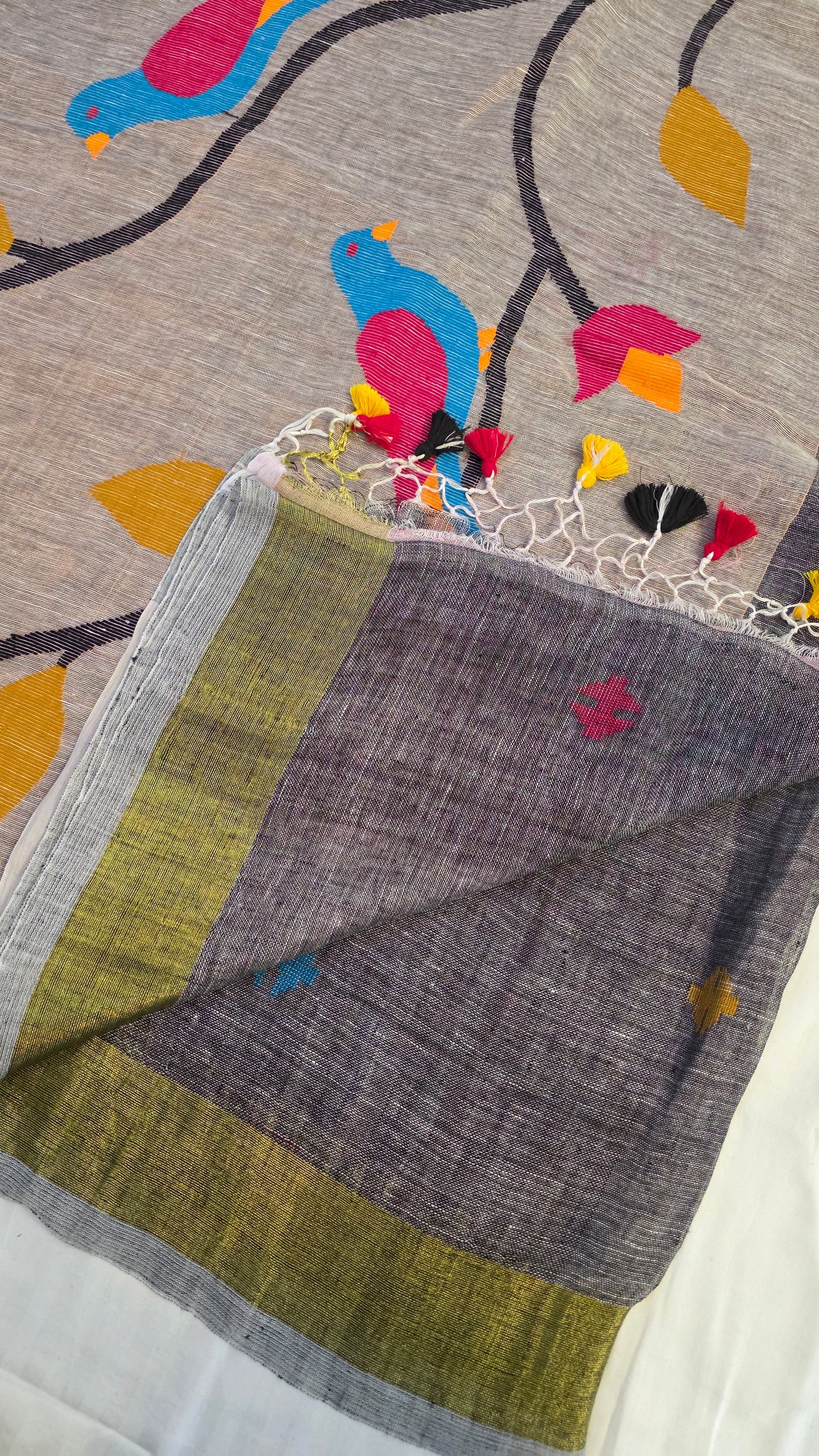 Grey Pure Linen tissue Paithani Saree