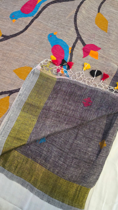 Grey Pure Linen tissue Paithani Saree