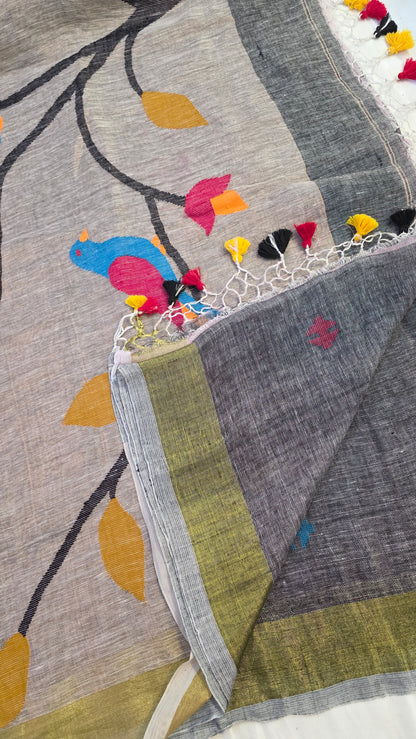 Grey Pure Linen tissue Paithani Saree