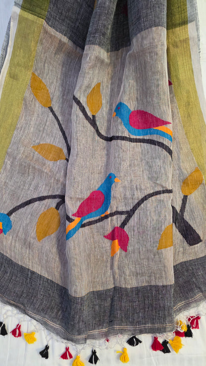 Grey Pure Linen tissue Paithani Saree