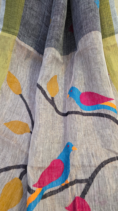 Grey Pure Linen tissue Paithani Saree