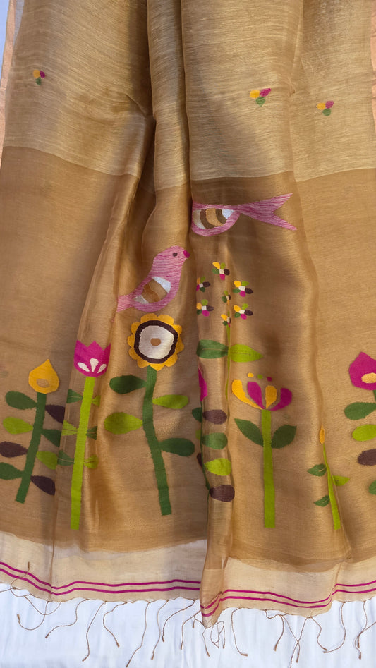 Caramel linen Silk Jamdani| Bird weave