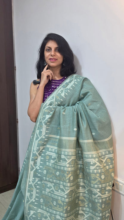 Sea green Munga Silk Jamdani