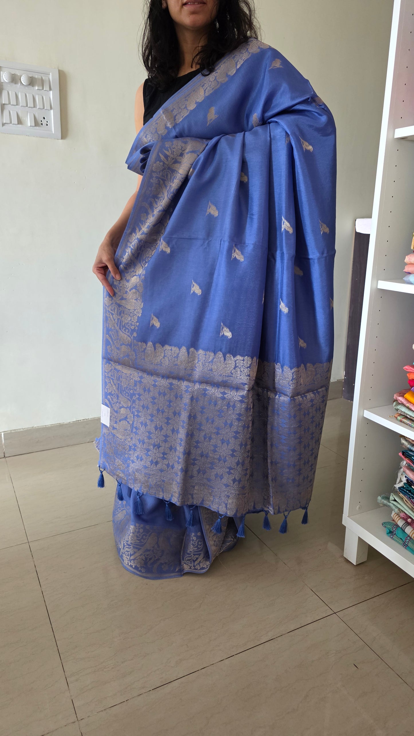 Blue Banarasi silk bird weave
