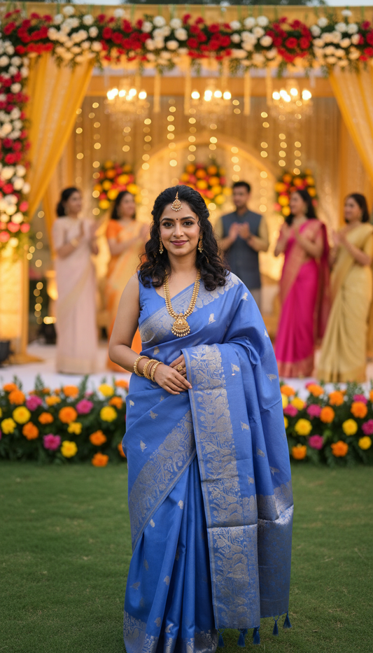 Blue Banarasi silk bird weave