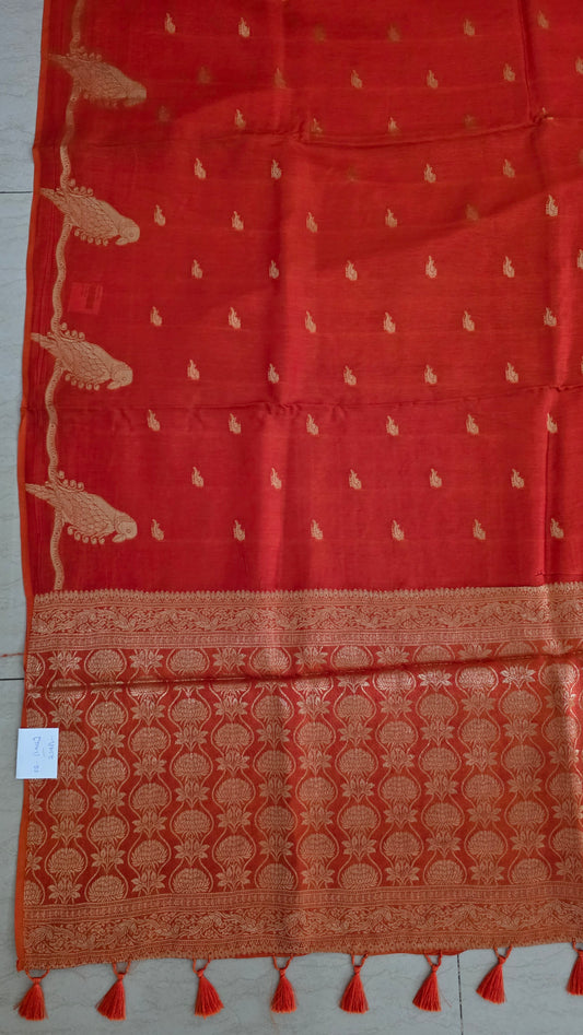 Orange Banarasi silk bird weave