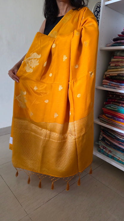 Yellow Semi Banarasi silk bird weave