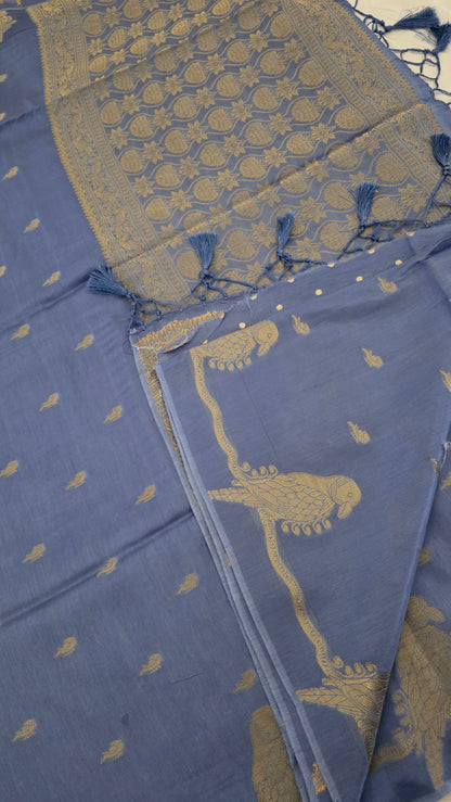 Blue Banarasi silk bird weave