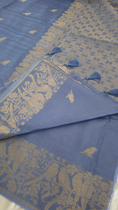 Blue Banarasi silk bird weave