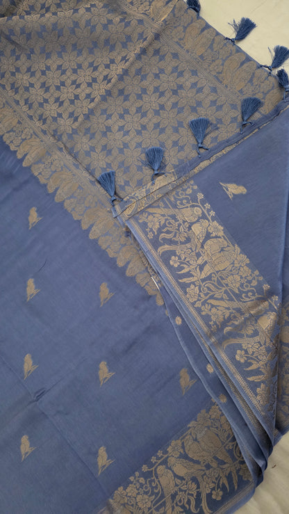 Blue Banarasi silk bird weave