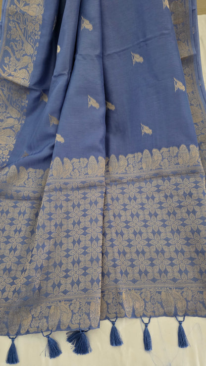 Blue Banarasi silk bird weave