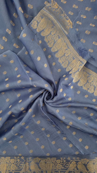 Blue Banarasi silk bird weave