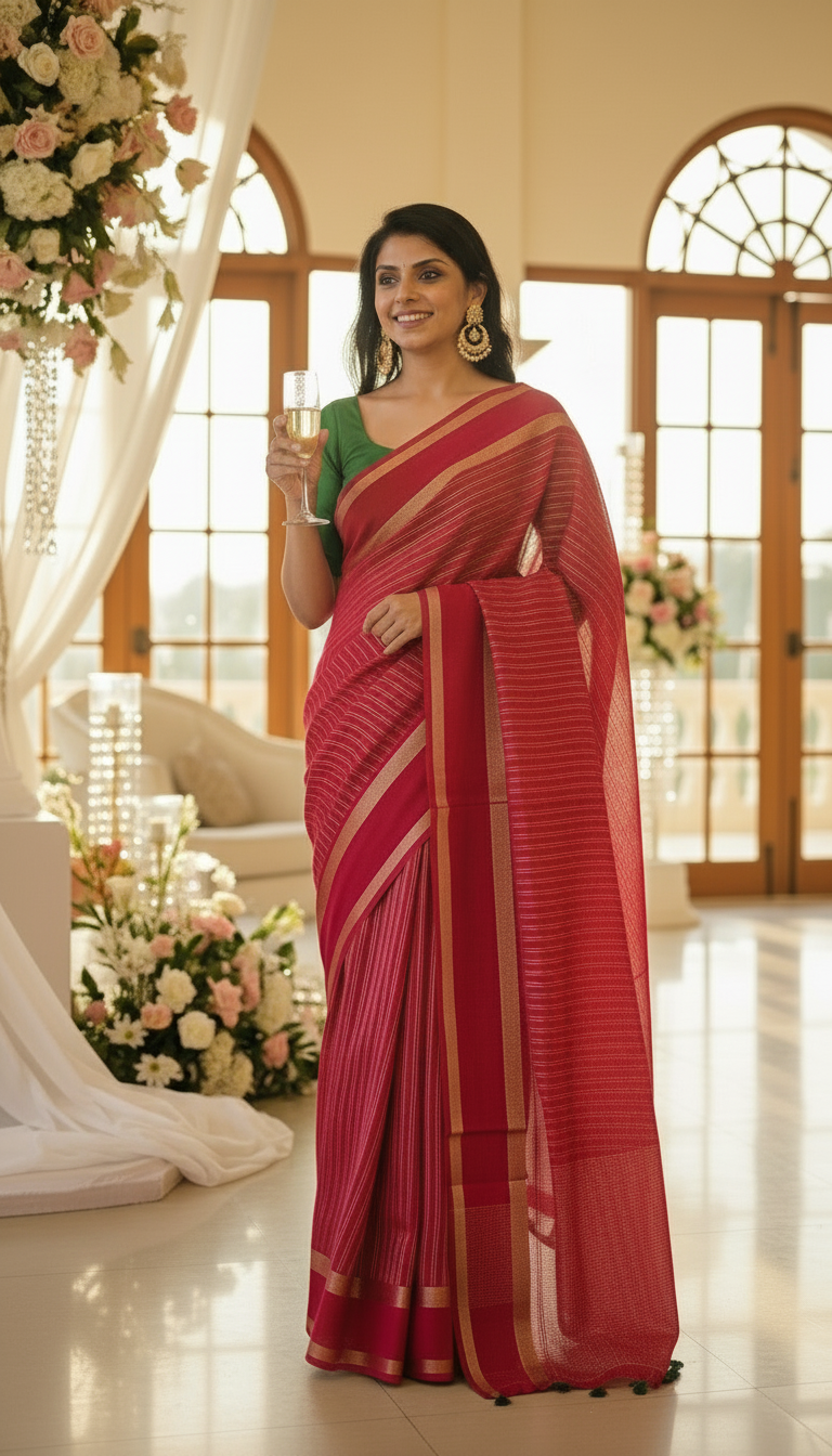 Red Semi-formal Mysore crepe Silk