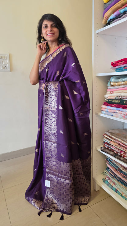 Wine Banarasi silk bird weave