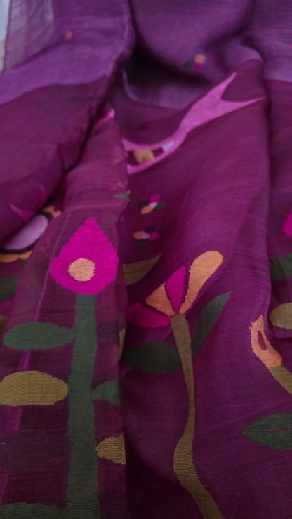 Plum linen Silk Jamdani| Bird weave