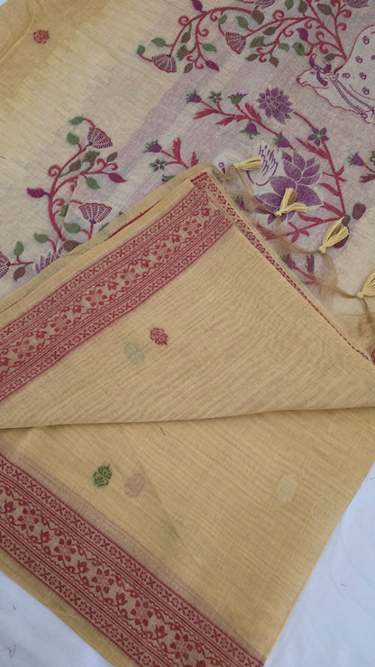 Yellow Pichwai Munga Silk Jamdani