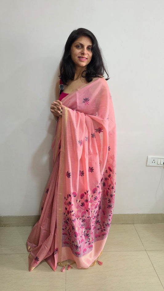 Pink Pichwai Munga Silk Jamdani