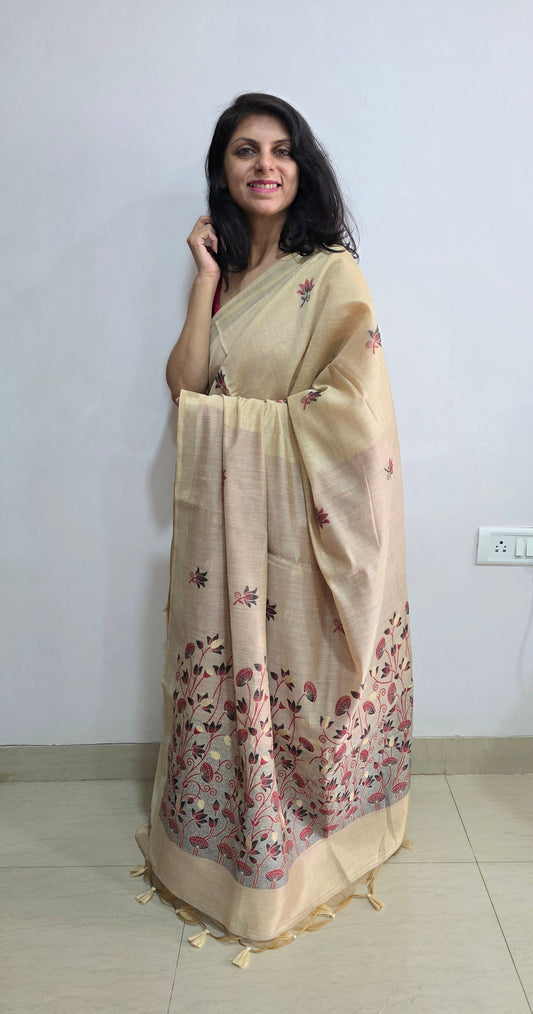 Ivory Pichwai Munga Silk Jamdani