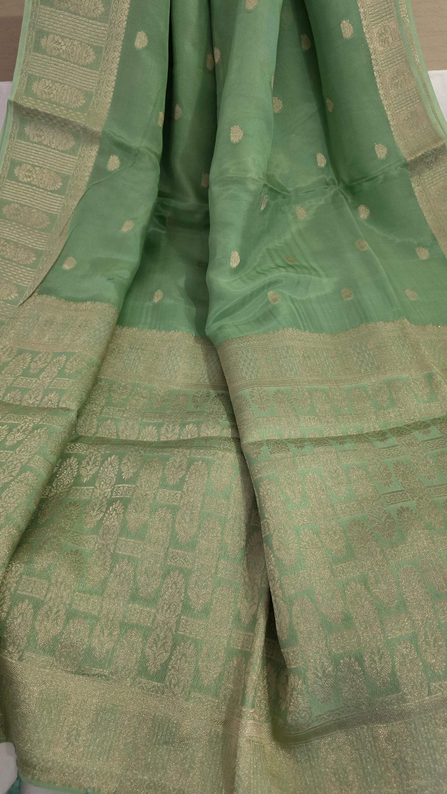 Green Banarasi silk bird weave