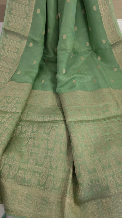 Green Banarasi silk bird weave