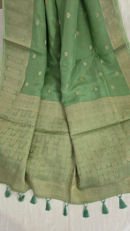 Green Banarasi silk bird weave
