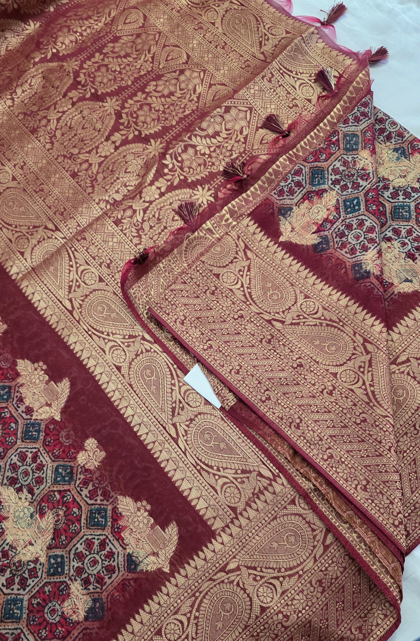 Maroon Ajrakh pattern Banarasi Silk Saree