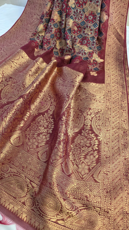 Maroon Ajrakh pattern Banarasi Silk Saree