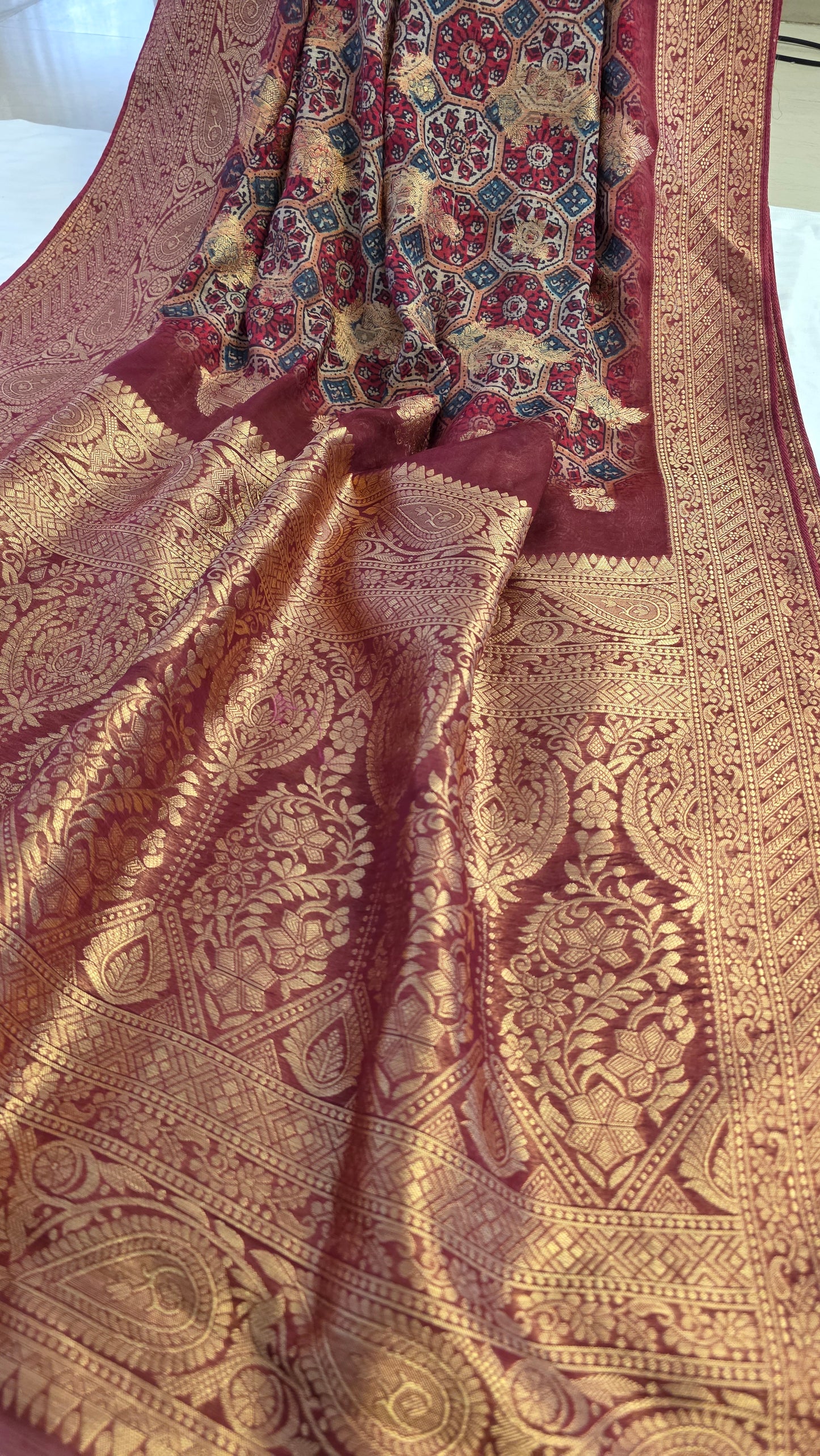 Maroon Ajrakh pattern Banarasi Silk Saree