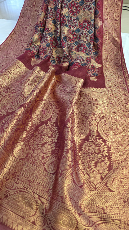 Maroon Ajrakh pattern Banarasi Silk Saree