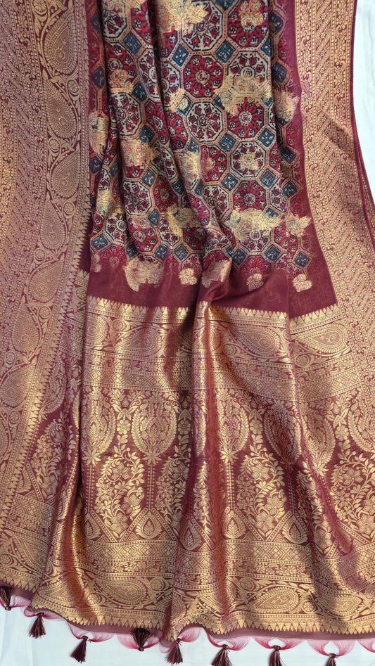 Maroon Ajrakh pattern Banarasi Silk Saree
