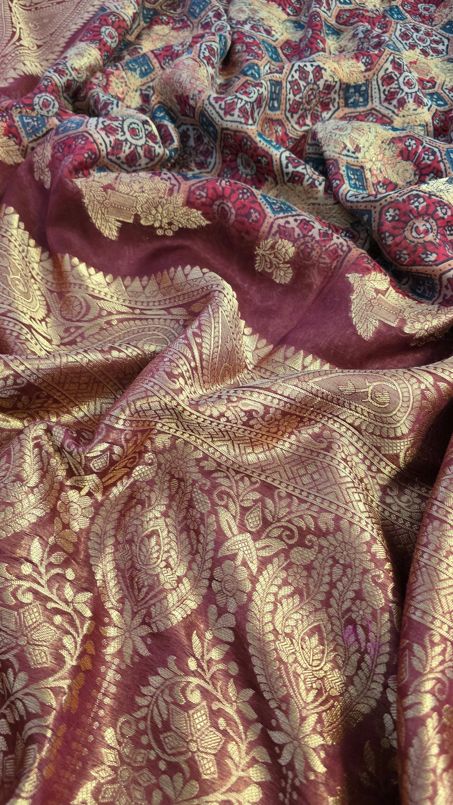 Maroon Ajrakh pattern Banarasi Silk Saree