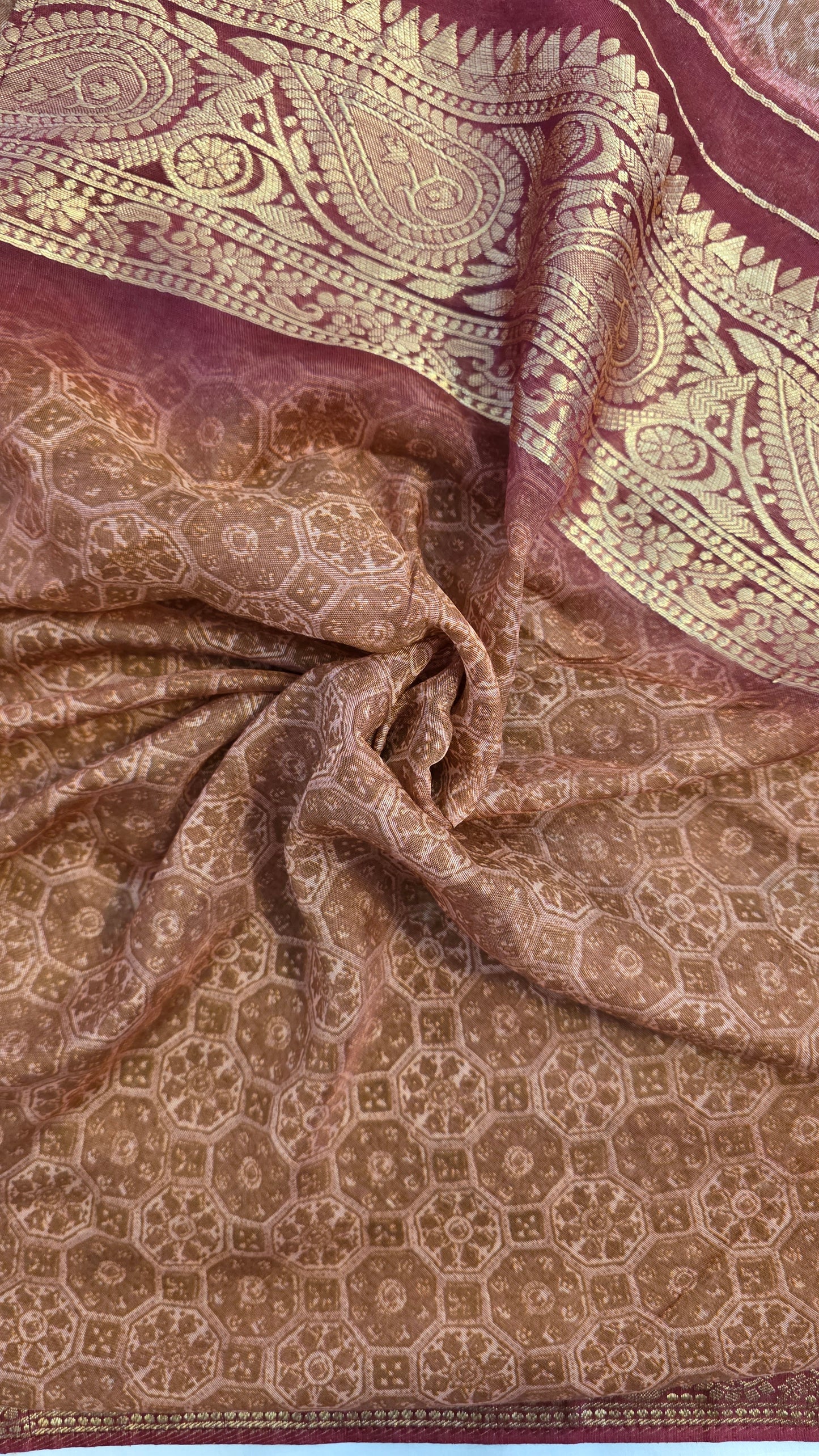 Maroon Ajrakh pattern Banarasi Silk Saree