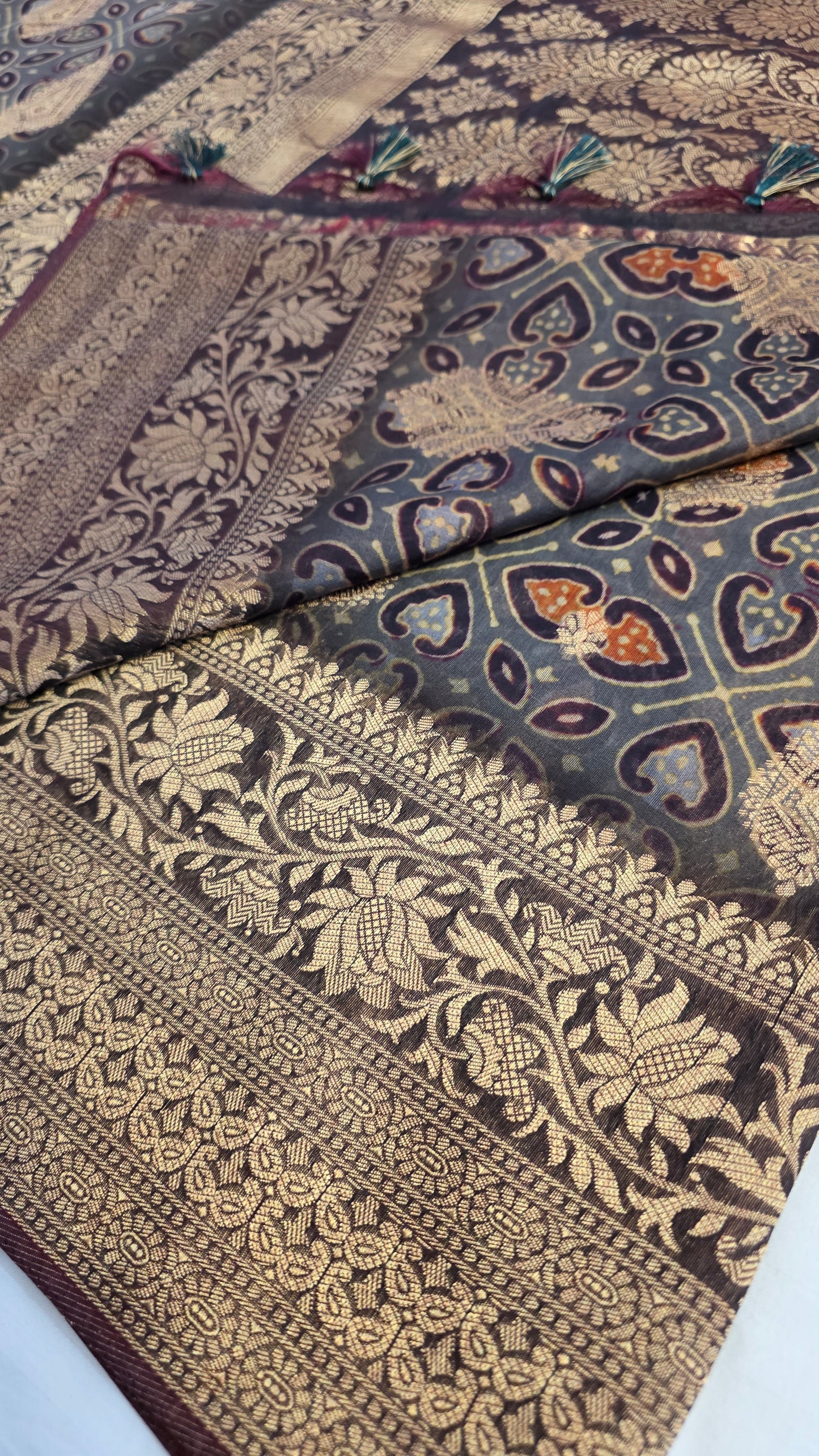 Grey Ajrakh pattern Banarasi Silk Saree